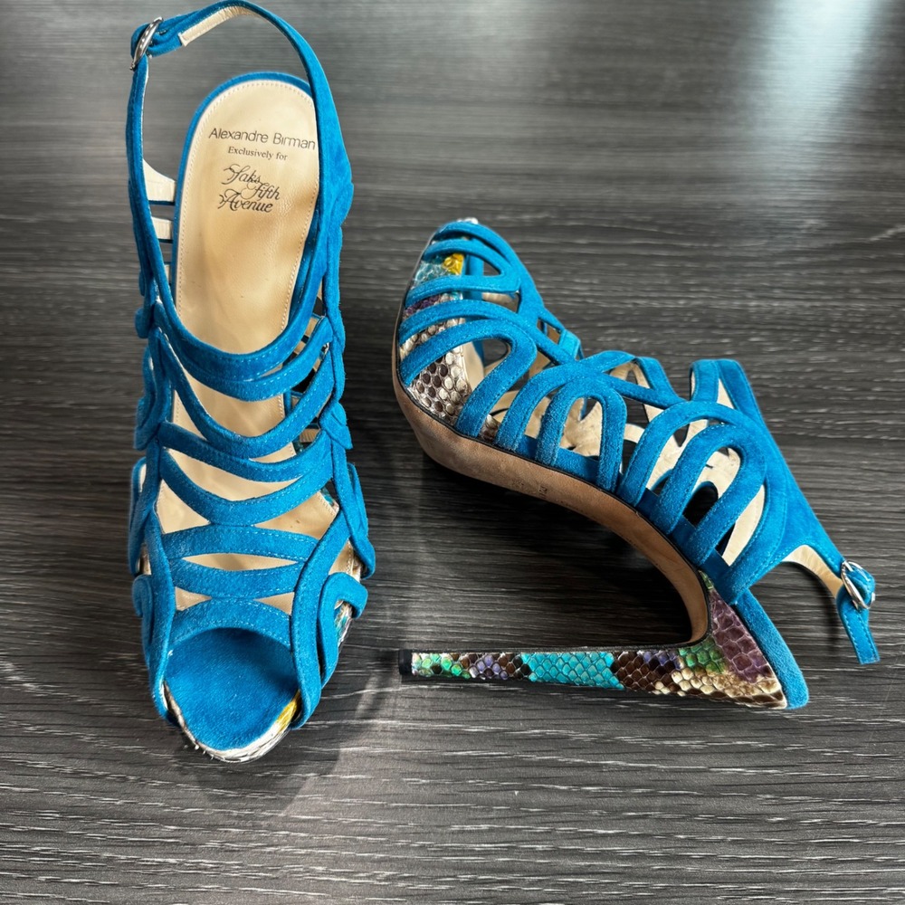 Alexandre Birman Women 8.5 EU 38.5 Blue Suede Snakeskin Cage Heeled Sandal
